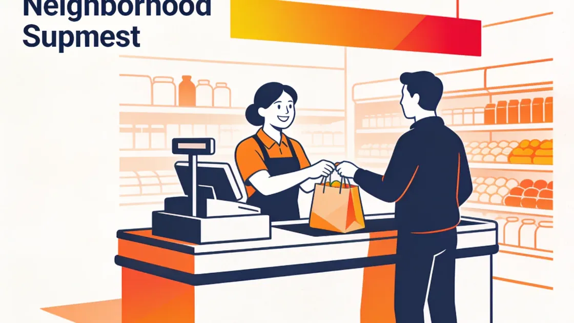 Atendente sorrindo no caixa de um supermercado de bairro