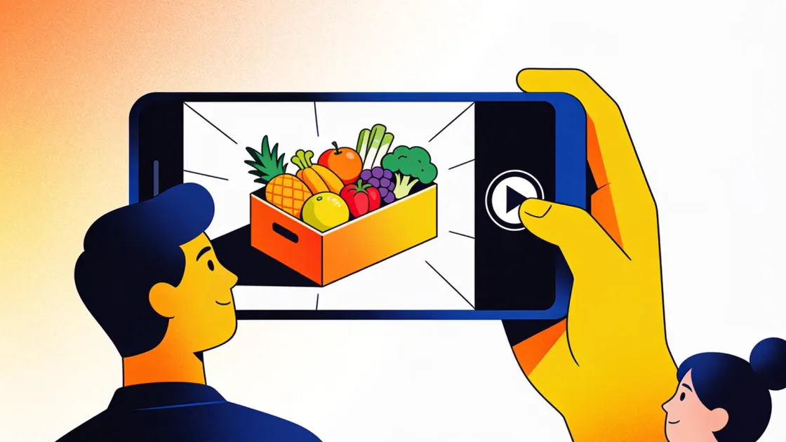 Celular fotografando produtos do hortifruti para o encarte