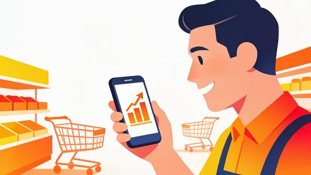 Dono de supermercado olhando o resultado do mercado no celular